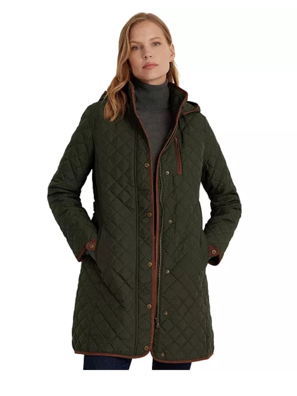 🆕 Ralph Lauren Zip Front Hooded Diamond Quilt Coat Parka size L Litchfield Loden